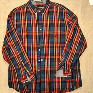 Nautica Men Dress Shirt 2XL Red and Blue Cotton Plaid Collar Button Classic Fit